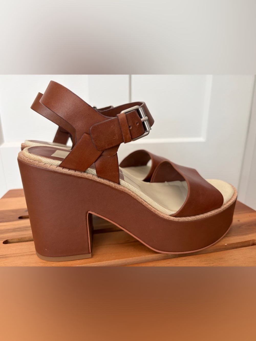 Dolce Vita Elly Heels Brown Leather Size 8 Chunky Platform Sandal Boho Buckle